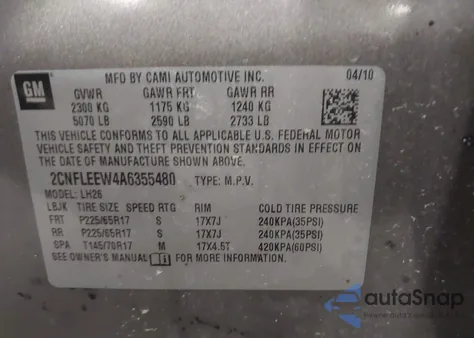 2010 Chevrolet Equinox Lt из США, поврежденный, VIN 2CNFLEEW4A6355480